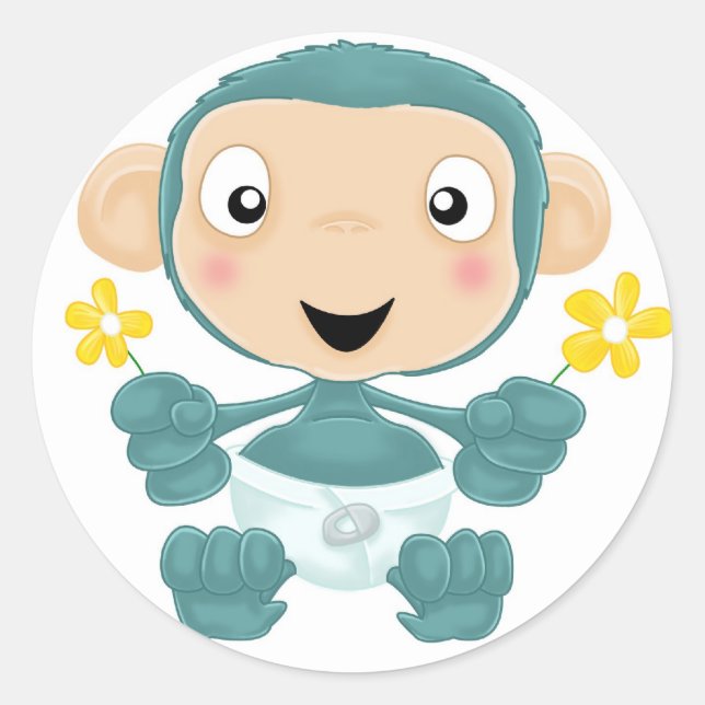baby chimp with flowers classic round sticker (Front)