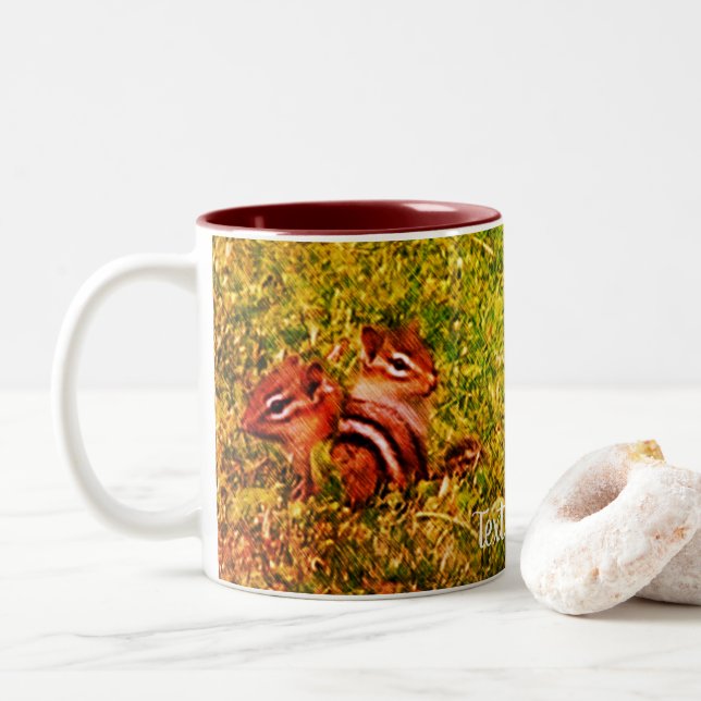 Baby Chipmunks First Day Animal Art Personalized Two-Tone Coffee Mug (With Donut)