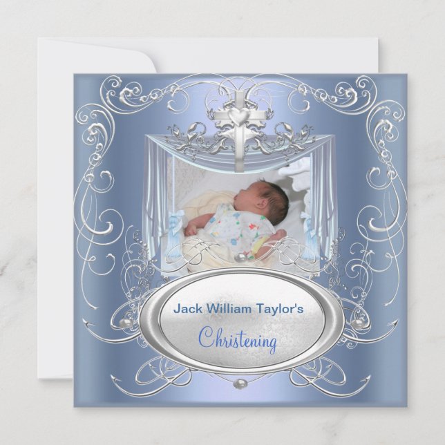 Baby Christening Baptism Boy Blue Silver Cross Invitation (Front)