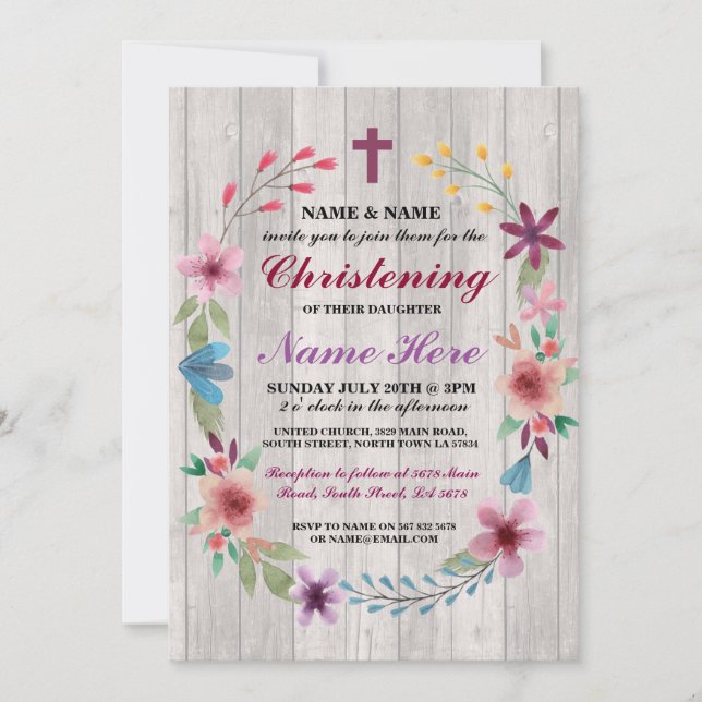 Baby Christening Baptism Floral Cross Wood Invite (Front)
