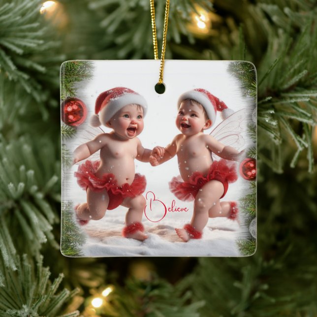 Baby Christmas Fairies Christmas Card Ceramic Ornament (Tree)