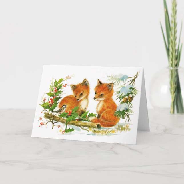 Baby Christmas Foxes And Bird With Holly Holiday Card (Front)