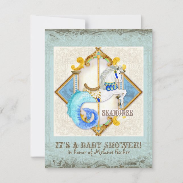 Baby Circus Fantasy Seahorse Carousel Vintage Invitation (Front)