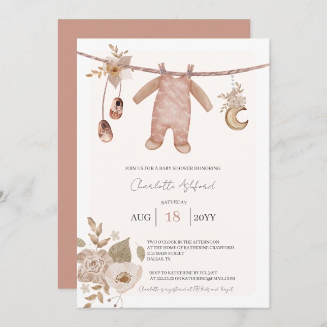 Baby Clothes Boho Neutral Baby Shower Invitation (Front/Back)
