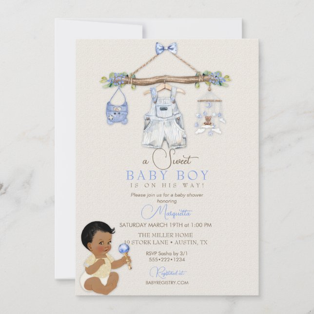 Baby Clothes Boy Baby Shower Ivory Blue Invitation (Front)