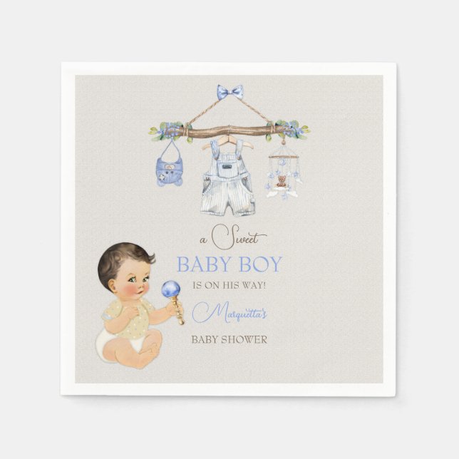 Baby Clothes Boy Baby Shower Ivory Blue Napkin (Front)