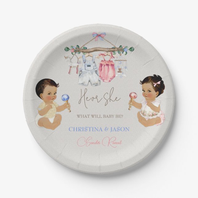 Baby Clothes Gender Reveal Ivory Pink Blue Paper Plate (Front)