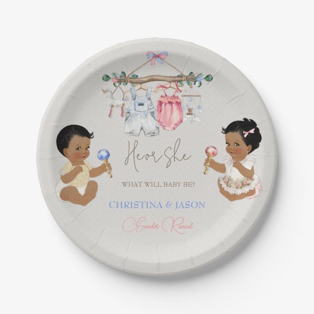 Baby Clothes Gender Reveal Ivory Pink Blue Paper Plate (Front)