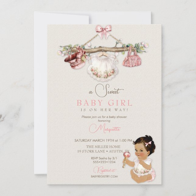 Baby Clothes Girl Baby Shower Ivory Pink Invitation (Front)