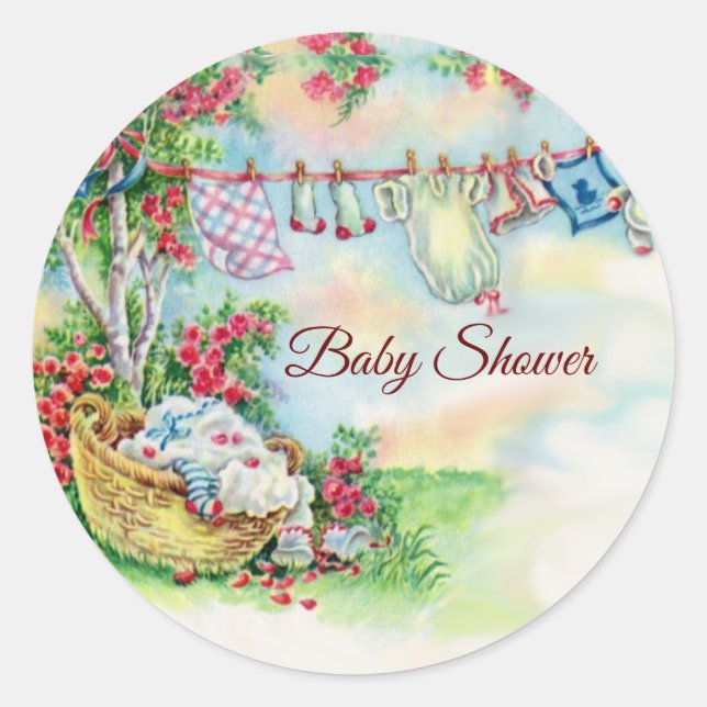 BABY CLOTHES HANGING IN FLOWER GARDEN Baby Shower  Classic Round Sticker (Front)