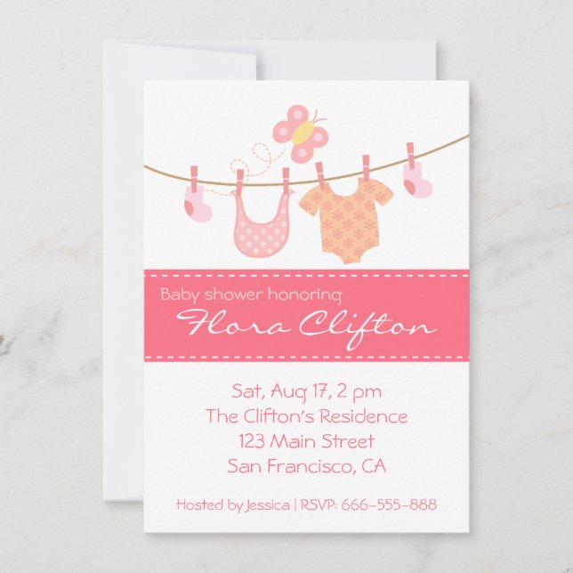 Baby clothes hanging on clothesline with butterfly invitation (Front)