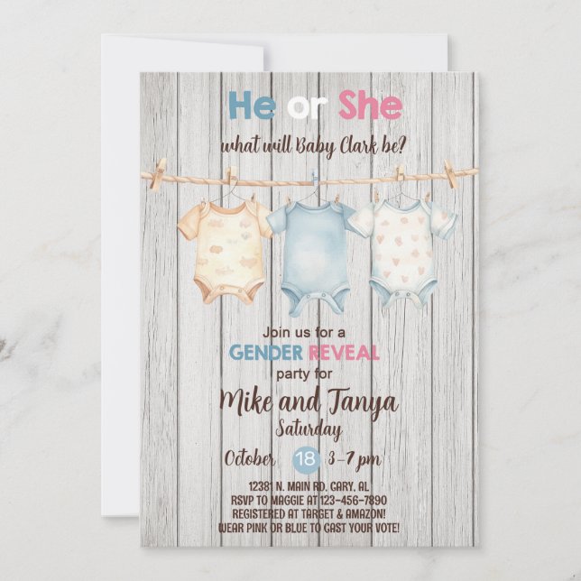 Baby clothesline Gender Reveal invitation, invite. Invitation (Front)