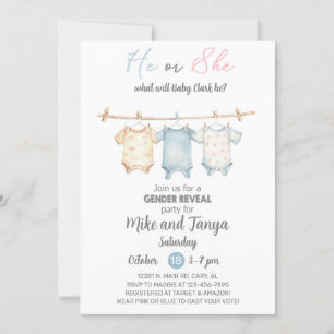Baby clothesline Gender Reveal invitation, invite. Invitation