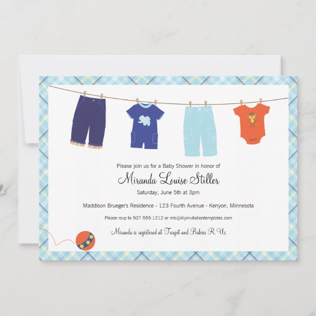 Baby Clothesline Invitationn - Boy Invitation (Front)