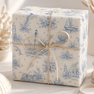 Baby Coastal Lighthouse Blue Toile Wrapping Paper