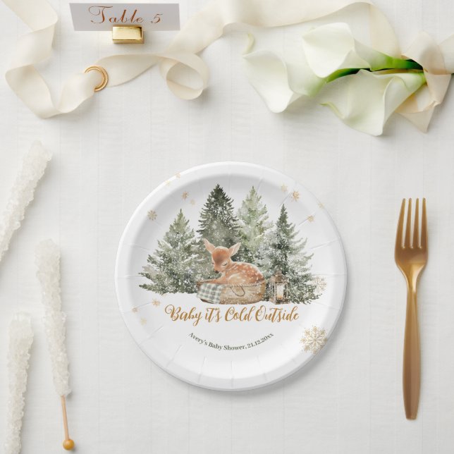 Baby Cold Outside Rustic Deer Winter Baby Shower Paper Plate (Wedding)