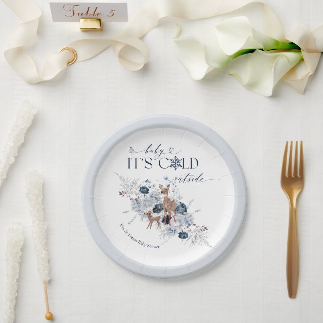 Baby cold outside Winter Floral Deer Baby Shower Paper Plate (Wedding)