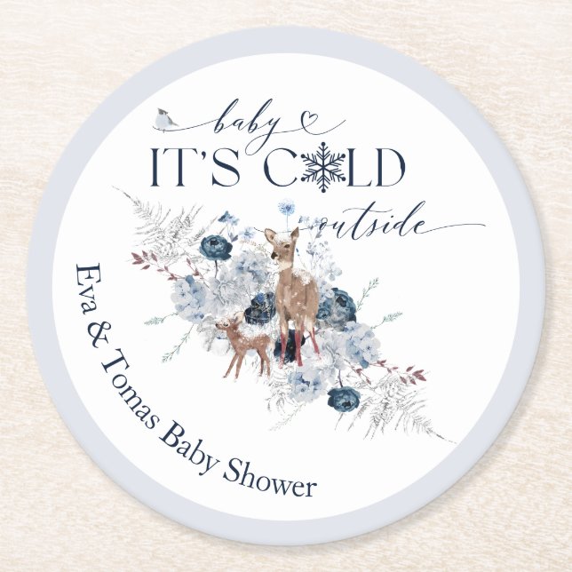 Baby cold outside Winter Floral Deer Baby Shower Round Paper Coaster (Front)