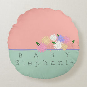 Baby Colourful Daisies on Soft Peach & Jungle Mist Round Pillow