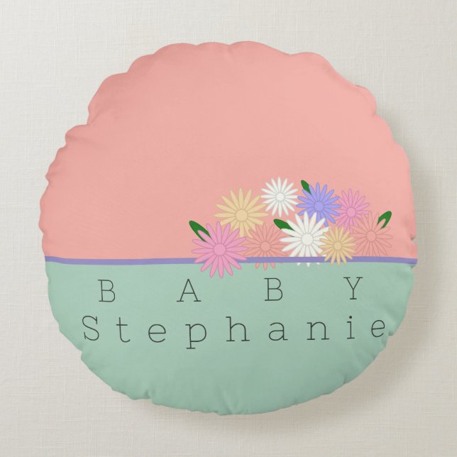 Baby Colourful Daisies on Soft Peach & Jungle Mist Round Pillow (Front)