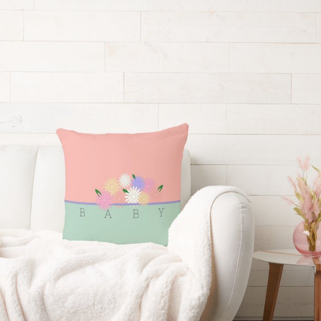 Baby Colourful Daisies on Soft Peach & Jungle Mist Throw Pillow (Couch)