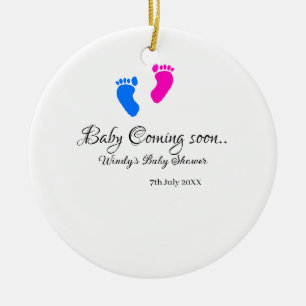 Baby coming soon baby shower blue pink baby feet n ceramic ornament