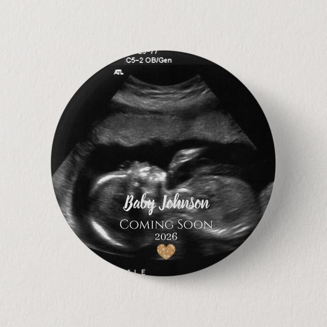Baby Coming Soon Ultrasound Gold heart  2 Inch Round Button (Front)