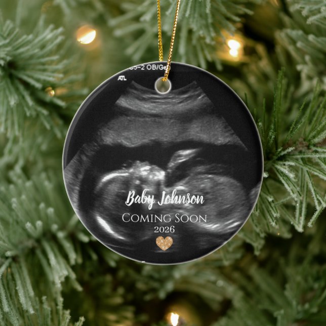 Baby Coming Soon Ultrasound Gold heart  Ceramic Ornament (Tree)