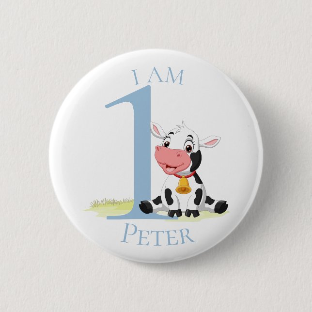 Baby Cow Blue BIRTHDAY Button (Front)