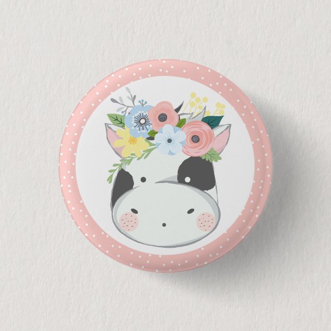 Baby Cow Floral Crown Pastel Pink Farm Barn Party 1 Inch Round Button (Front)