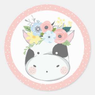 Baby Cow Floral Crown Pastel Pink Farm Barn Party Classic Round Sticker