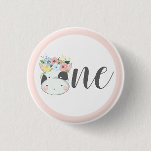 Baby Cow Floral Number One 1st Birthday Party 1 Inch Round Button