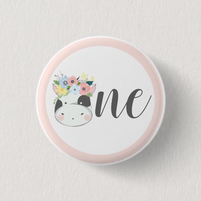 Baby Cow Floral Number One 1st Birthday Party 1 Inch Round Button (Front)