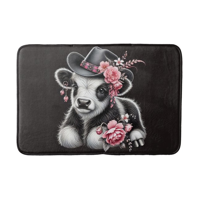 Baby Cow in a Stylish Hat Adorned With Pink Blooms Bath Mat (Front)