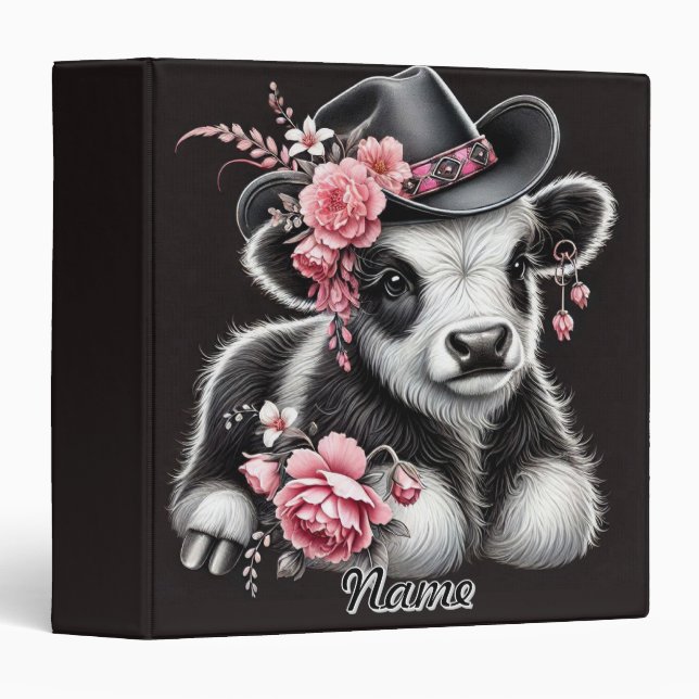 Baby Cow in a Stylish Hat Adorned With Pink Blooms Binder (Front/Spine)