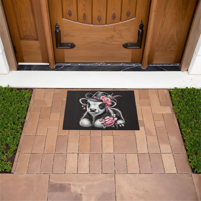 Baby Cow in a Stylish Hat Adorned With Pink Blooms Doormat (Outdoor)