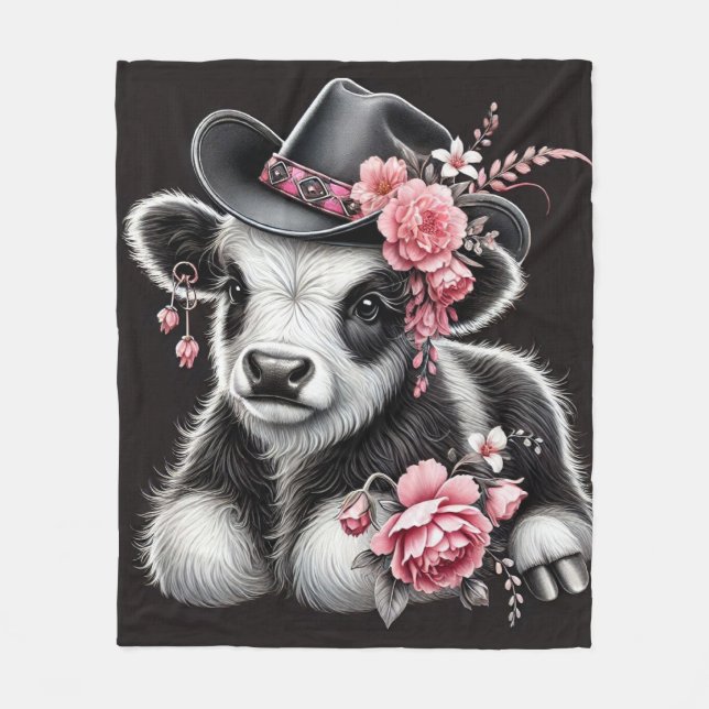 Baby Cow in a Stylish Hat Adorned With Pink Blooms Fleece Blanket (Front)