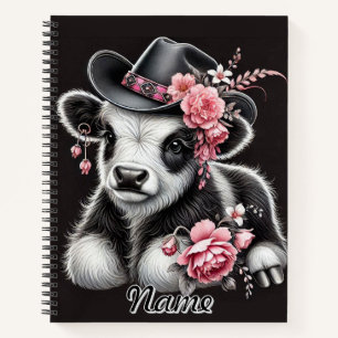 Baby Cow in a Stylish Hat Adorned With Pink Blooms Notebook