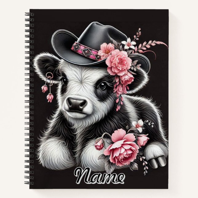 Baby Cow in a Stylish Hat Adorned With Pink Blooms Notebook (Front)
