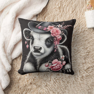 Baby Cow in a Stylish Hat Adorned With Pink Blooms Throw Pillow