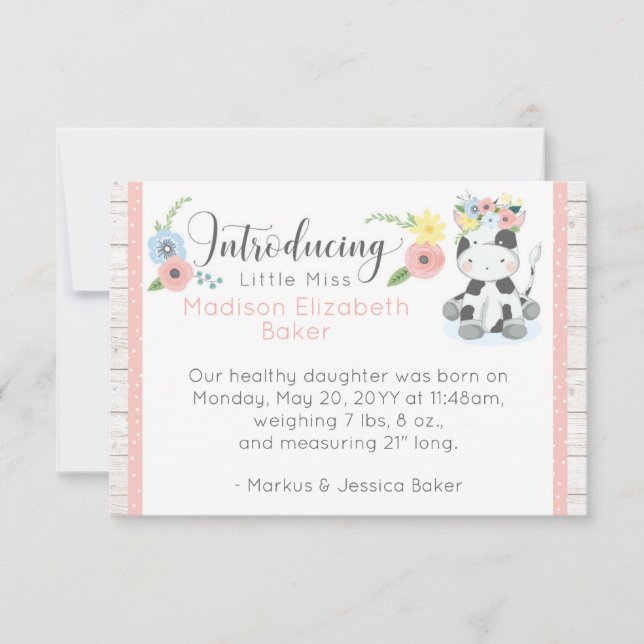Baby Cow Rustic Floral Baby Birth Announcement (Front)