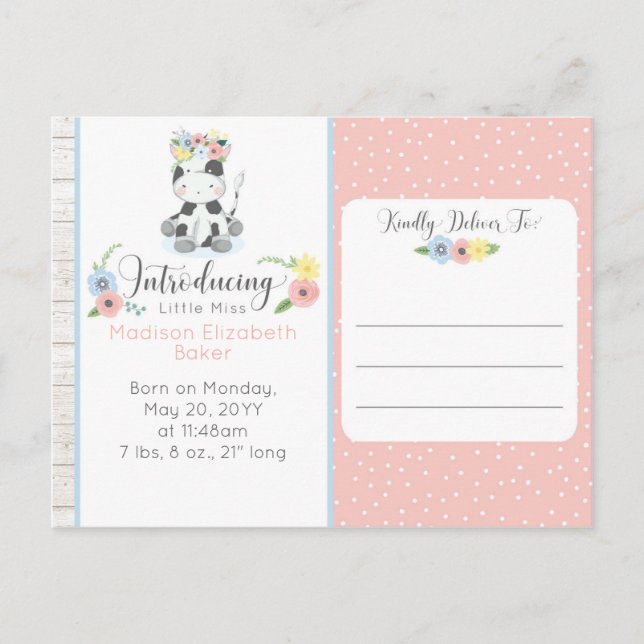 Baby Cow Rustic Floral Baby Birth Announcement (Front)