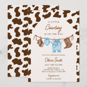 Baby Cowboy Clothesline Blue & Brown Baby Shower Invitation