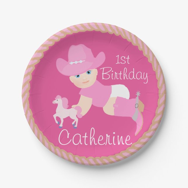 Baby Cowgirl With Pink Hat And Boots Birthday Paper Plate (Front)