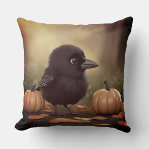 Baby Crow in the Pumpkins Throw Pillow