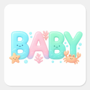 BABY Cute Ocean Pastel Glossy Text Square Sticker