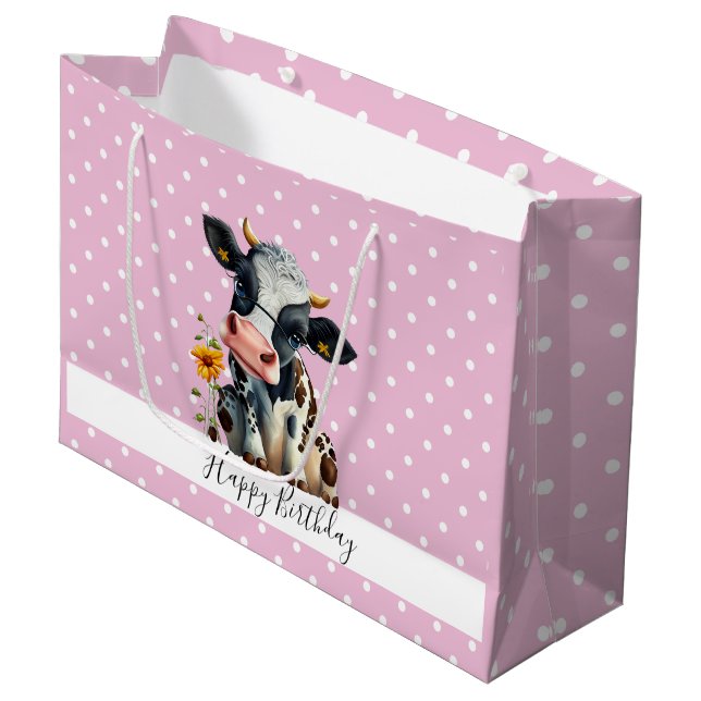 Baby Dairy Cow Pink White Dots Large Gift Bag (Front Angled)