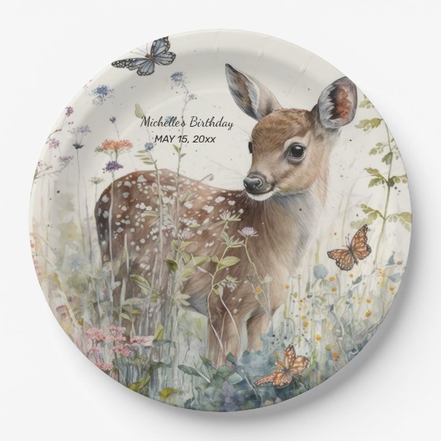 Baby Deer Butterflies Birthday Party Name Date  Paper Plate (Front)