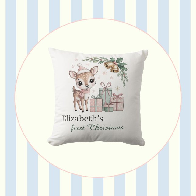Baby Deer Christmas Personalized Reindeer Holiday Throw Pillow (Creator Uploaded)