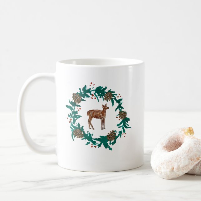 Baby Deer Christmas Wreath Painting Coffee Mug (With Donut)
